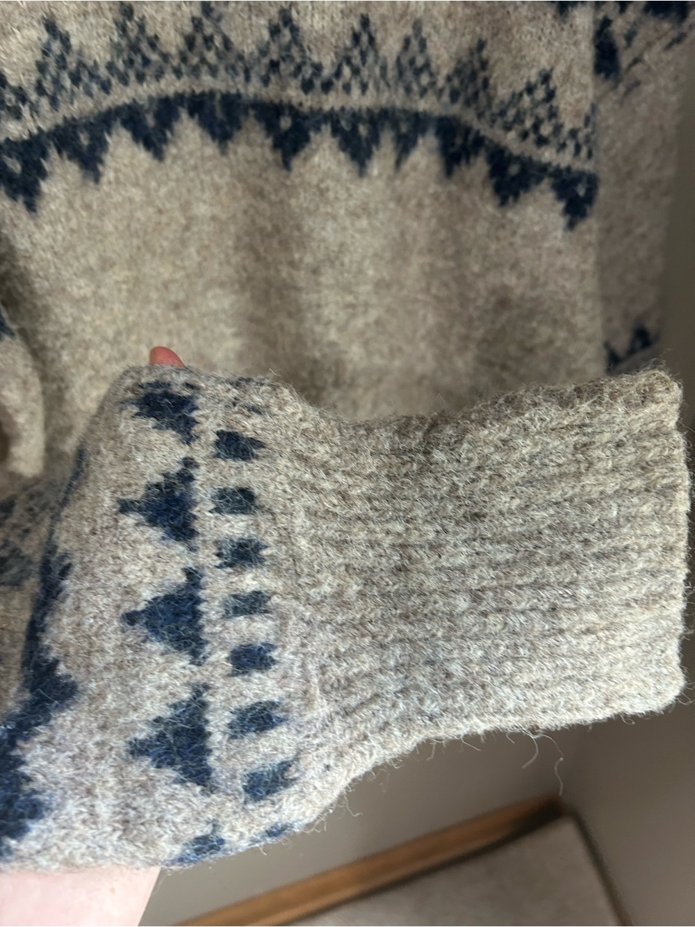 A'ltard State Fair Isle Crew Neck Chunky Knit Pullover Sweater - Taupe and Navy - Picture 6 of 12